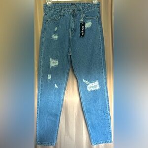 Boohoo Blue Mom Jeans with Distressed Details